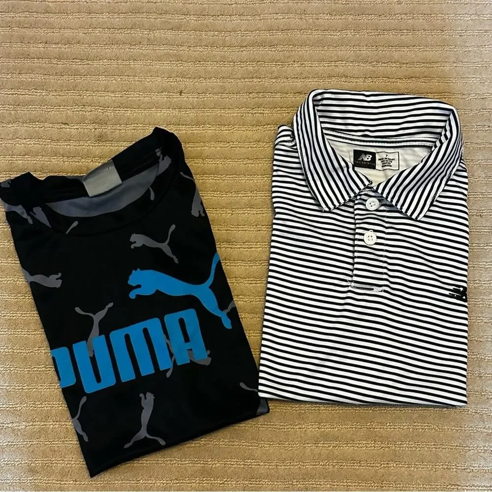 Puma Black Graphic Tee & New Balance Striped Polo kids size 7 set of 2 tops